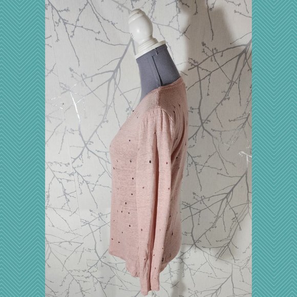 Black Orchid Pink 100% Linen Distressed Holes Long Sleeve Tee - Picture 3 of 5